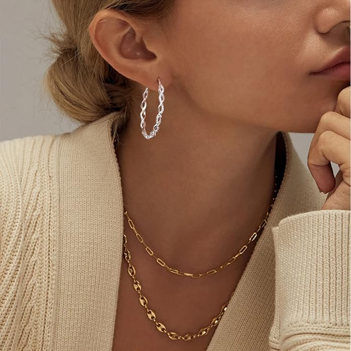 Senteria 925 Sterling Silver Earrings Hoops for Women Lightweight Twisted Hoop Earrings With Cubic Zirconia Hypoallergenic Hoops Earrings (20/30/40/50/60MM)