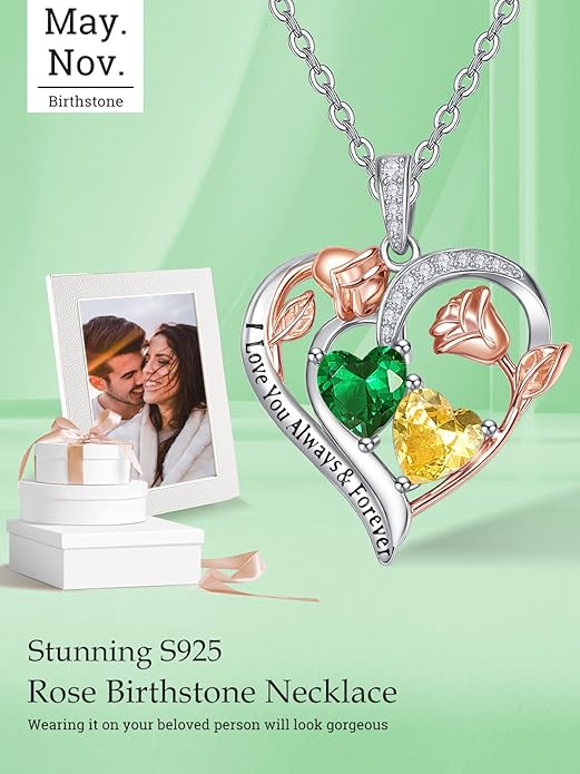 Zeuslia Double Birthstone Necklace Gifts for Wife - 925 Sterling Silver Sunflower/Rose/Crown Cross/Compass/Heart Pendant I Love You Necklace, Anniversary Birthday Gifts for Wife Girlfriend Mom Her