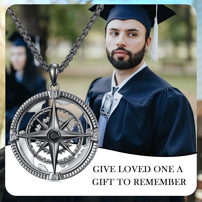 Go in the Direction of Your Dream Compass Necklace for Men 925 Sterling Silver Nautical Jewelry Inspiration Friendship Graduation Retirement Farewell Goodbye Gifts for Him (Adjustable Chain 22"+2")