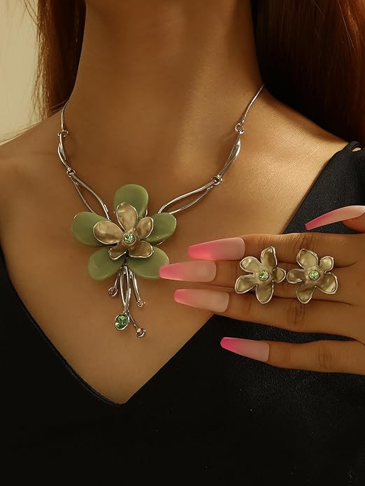 Chunky Statement Jewelry Set Vintage Retro Leaf Flower Floral Geometric Bohemian Boho Bib Necklace Earring Set Fashion Costume Jewelry for Women Girls Wedding Party Prom Unique Gift