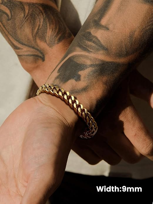 Bestyle Thick Mens Cuban Link Chain Bracelets, Durable Real 18K Gold/Black Metal Plated Solid Stainless Steel Hand Chain Cuban Bracelets for Men, Silver Black Gold Bracelets for Father Husband