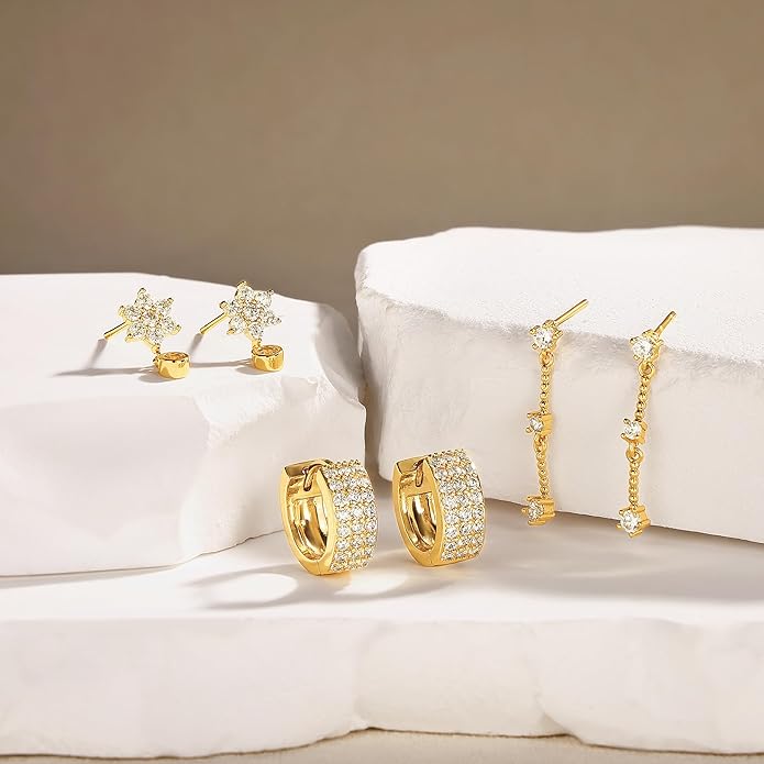 3 Pairs Earrings Set for Multiple Piercings, Gold Plated Studs Hoop Earrings Stack, CZ Dangle Earrings Set, Hypoallergenic for Sensitive Ears, Women's Gift
