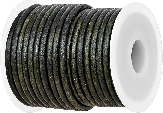 GENIQUE Real/Genuine Round Leather String Cord for Necklace, Bracelets, Jewelry, Kumihimo Braiding, DIY Projects (10 Metres) (3mm, Green Distressed)