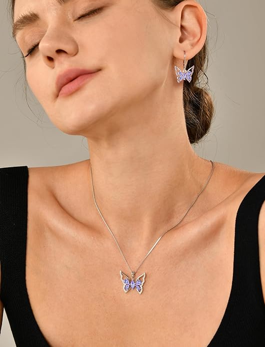 YL Women's Butterfly Necklace 925 Sterling Silver Flower Rose Pendant Birthstone Halo Jewelry