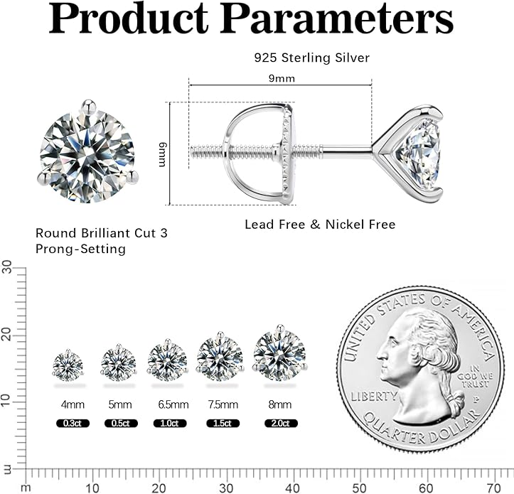 Moissanite Earrings for Men Women,VVS1 Clarity D Color 0.3-2ct,925 Sterling Silver Hypoallergenic Screw Back,Ideal Gift for Wedding Birthday Anniversary Valentine's Day