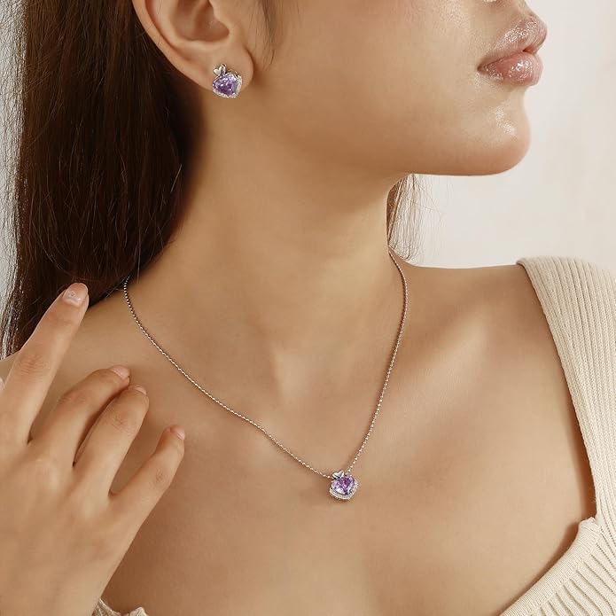 Ydou Love Heart Necklaces and Earrings with Rose Cut Birthstone Silver Plated Elegant Jewelry Set for Women CS0002