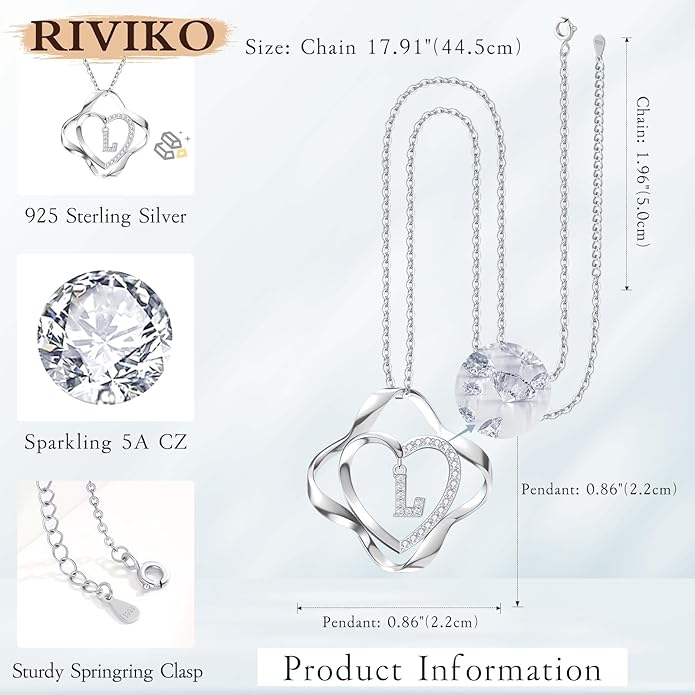 RIVIKO Love Knot Initial Necklace,925 Sterling Silver Letter Pendant Necklaces,Personalized Alphabet Jewelry Christmas Birthday Gifts for Women Wife Mom Friend