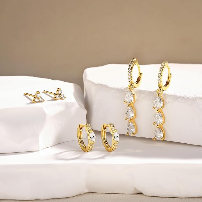 3 Pairs Earrings Set for Multiple Piercings, Gold Plated Studs Hoop Earrings Stack, CZ Dangle Earrings Set, Hypoallergenic for Sensitive Ears, Women's Gift