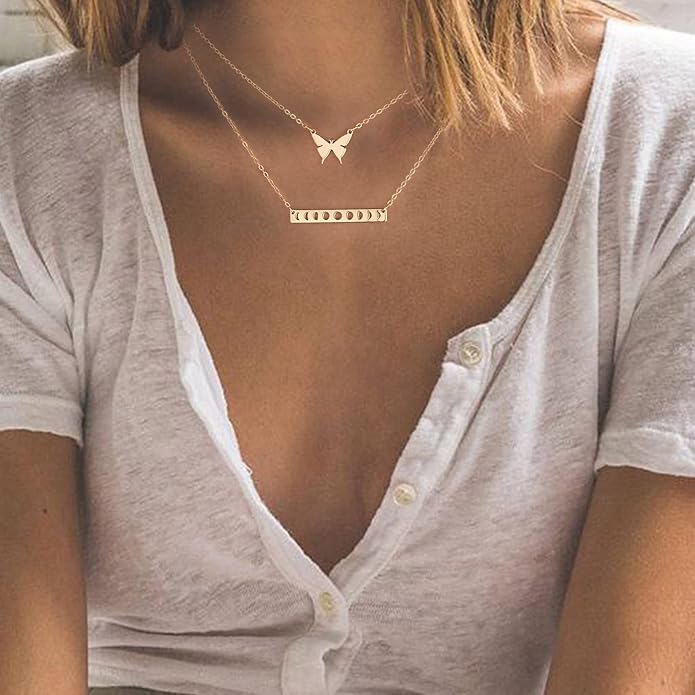 Turandoss Gold Layered Necklaces for Women - 14K Gold Plated Handmade Multilayer Bar Pearls Coin Disc Moon Butterfly Medallion Adjustable Dainty Layered Choker Necklaces for Women Jewelry