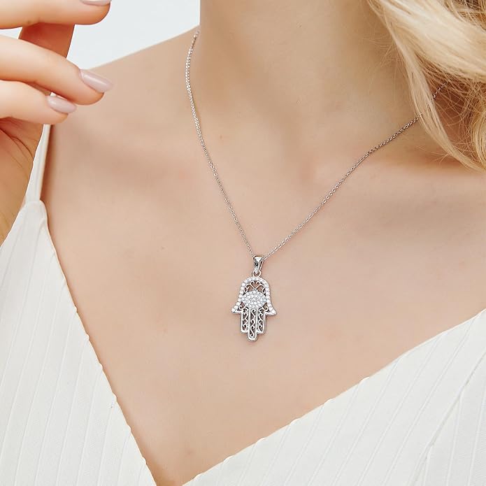 White Gold 14K Gold Plated Necklaces for Women Evil Eye Necklace for Women Girls Evil Eye Hamsa Hand of Fatima Pendant Necklace Good Luck Necklace Jewelry