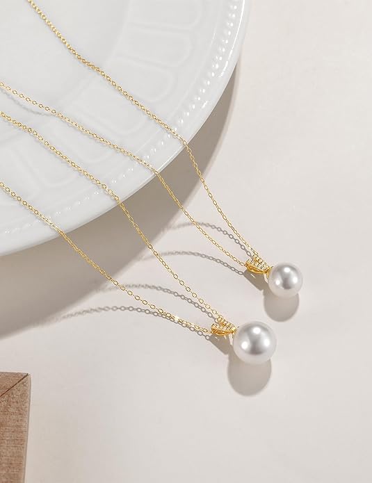 Mameloly Pearl Necklaces for Women Trendy 925 Sterling Silver Dainty V CZ Pendant 10MM/12MM Single Simulated White Pearl Choker Necklace for Women Wedding Cute Jewelry