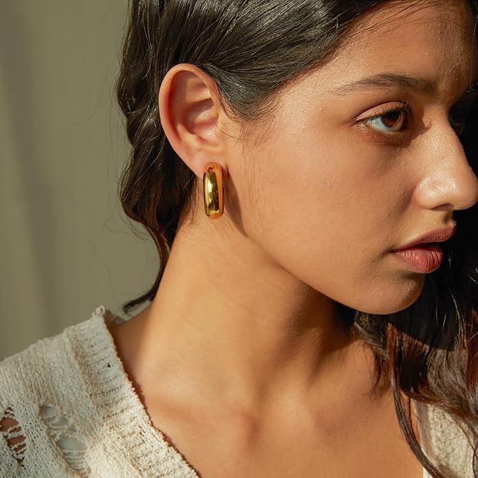 8YEARS Chunky Gold Hoop Earring for Women, 18K Gold Plated Lightweight Thick Hoops, Hypoallergenic Trendy Jewelry for Gift