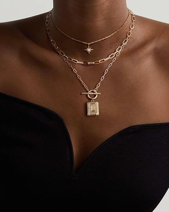 MJartoria Layered Initial Necklaces for Women Trendy, 14K Gold Plated Brass Simple Star Choker Square Letter Pendant Necklace, Paperclip Chain Necklaces Jewelry Gifts