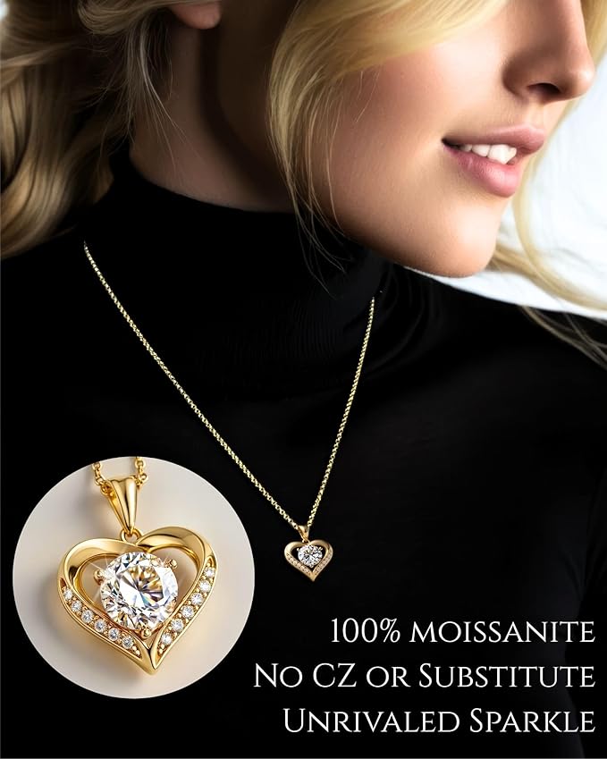 Moissanite Necklace for Women – 14kt Gold Heart Necklaces – Moissanite Pendant for Woman 2-3 Carat - Luxury Love Jewelry Gift for Anniversary, Birthday and Christmas - Jewelry for Wife from Husband