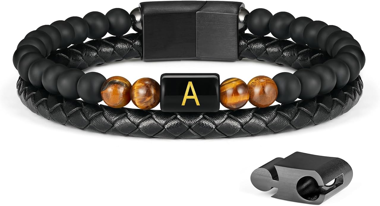 LUXEJEW Gifts for Men - Mens Bracelet, Beaded Leather Initial Bracelet 6mm Matte Agate Stone Handmade Bracelets Adjustable Stainless Steel Magnetic Clasp Mens Jewelry Gifts