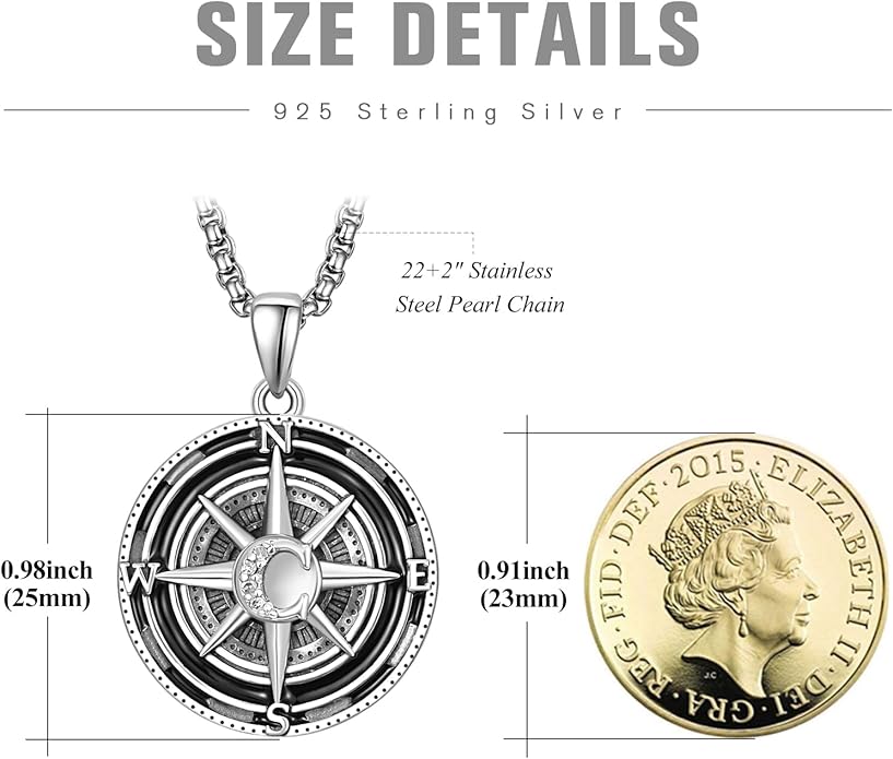 KINGWHYTE Compass Necklace for Men 925 Sterling Silver Birthday Gifts Graduation Travel Jewelry for Husband Brother with Stainless Steel Chain