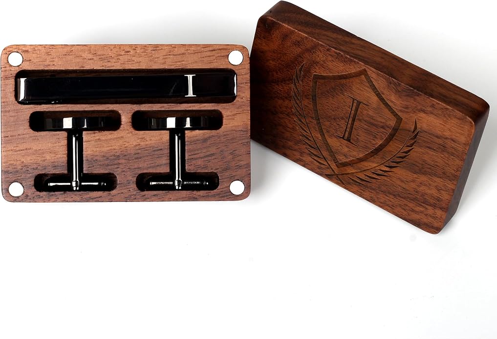 Mens Initial Cufflinks and Tie Clip A-Z Alphabet Letter Black Stainless Cuff Links Tie Bar with Engraved Walnut Wood Box Groom Groomsman Wedding Set