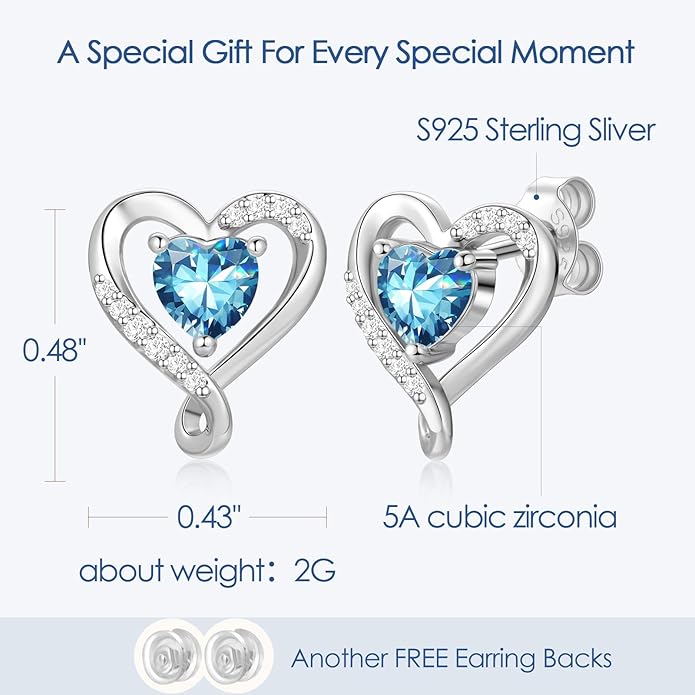 Earrings for Women, S925 Sterling Silver Rose Gold Birthstone Heart Studs Earring for Girlfriend Wife, Anniversary Birthday Christmas Valentines Mothers Day Gifts Jewelry for Women Wife Her Mom