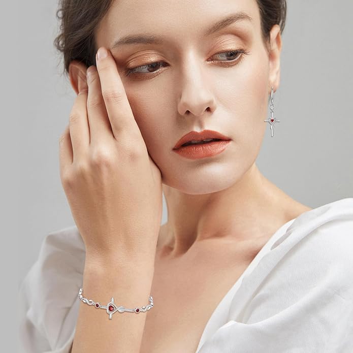 FANCIME Gift for Women Cross Bracelet 925 Sterling Silver Heart Birthstone Bracelet Fine Jewelry Birthday Gifts for Her Women
