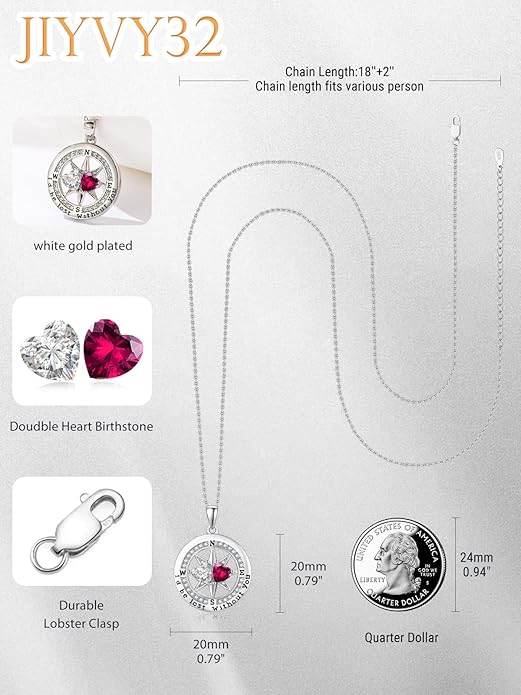 Compass Birthstones Necklace for Women, Exquisite Anniversary Birthday Gifts for Wife Her Double Birthstone Pendant jewelry ‘I'd be Lost Without You’