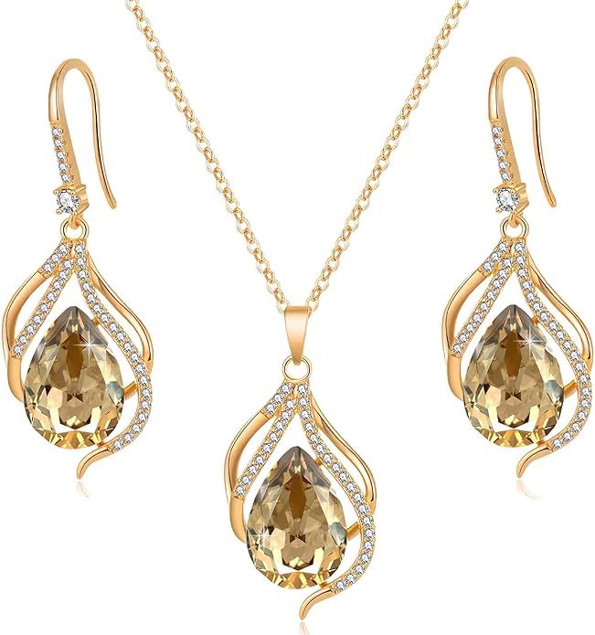 EVEVIC Austrian Crystals Teardrop Hollow Twisted Pendant Necklace Earrings for Women 14K Gold Plated Halo Drop Dangle Earrings Hypoallergenic Jewelry Set
