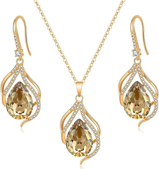 EVEVIC Austrian Crystals Teardrop Hollow Twisted Pendant Necklace Earrings for Women 14K Gold Plated Halo Drop Dangle Earrings Hypoallergenic Jewelry Set