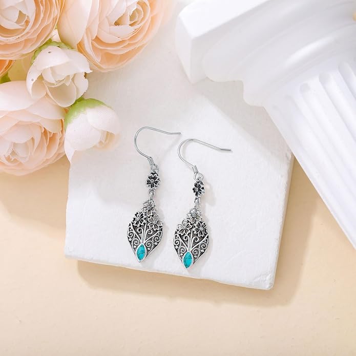 Vintage Floral Filigree Marquise Cut Gemstone Drop Earrings, 925 Sterling Silver Antique Dangle Earrings, Boho Jewelry Gift for Women