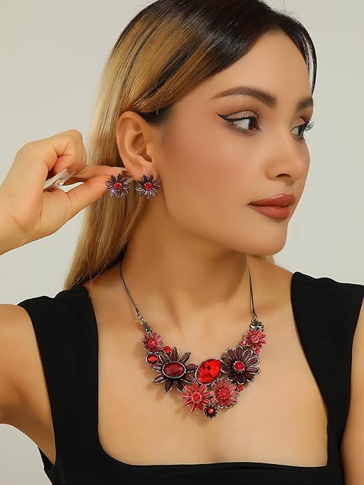 Chunky Statement Jewelry Set Vintage Retro Leaf Flower Floral Geometric Bohemian Boho Bib Necklace Earring Set Fashion Costume Jewelry for Women Girls Wedding Party Prom Unique Gift