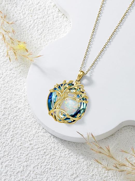 TOUPOP Christmas Gifts Tree of Life Birthstone Necklace 925 Sterling Silver Pendant Austrian Crystal Jewelry Anniversary Birthday Gifts for Women Mom Her Wife