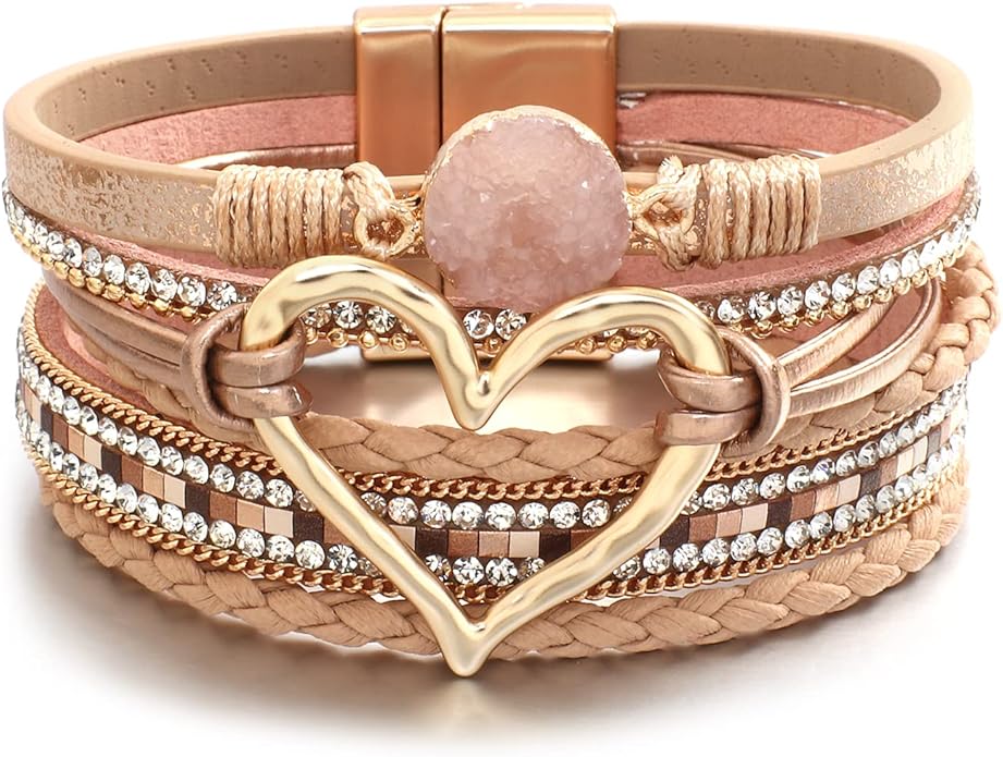 Leather Wrap Bracelet for Women Beaded Cuff Bracelet with Heart-shape Decor Bohemian Crystal Bracelet Jewelry with Clasp Bangle Bracelet for Women Girls Birthday Holiday Gift