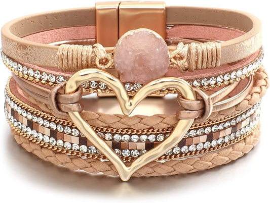 Leather Wrap Bracelet for Women Beaded Cuff Bracelet with Heart-shape Decor Bohemian Crystal Bracelet Jewelry with Clasp Bangle Bracelet for Women Girls Birthday Holiday Gift