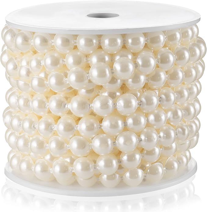Half-Round Flat Pearl Bead Garland String 10MM 11 Yards, Pearl Beaded Spool Roll Crafts for Wedding Party Decoration (Ivory)