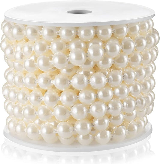 Half-Round Flat Pearl Bead Garland String 10MM 11 Yards, Pearl Beaded Spool Roll Crafts for Wedding Party Decoration (Ivory)