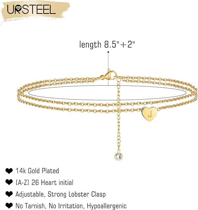 Ursteel Ankle Bracelets for Women, 14K Gold Plated Dainty Layered Heart Initial Anklets for Women Gifts
