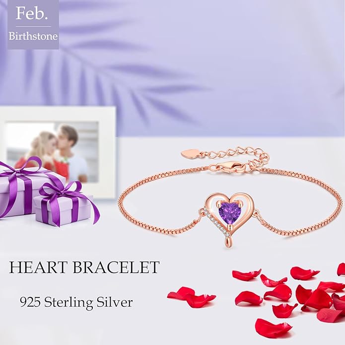 LAVUMO Love Heart Bracelets for Women 925 Silver Charm Birthstone Bracelet Adjustable Anniversary Birthday Jewelry Gifts for Women Girlfriend Wife Daughter Mom Her