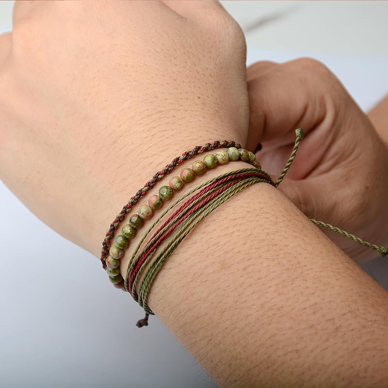 Handmade Natural Stone Beaded Healing Bracelet Gift for Men Adjustable Rope String Bracelet (unakite, Adjustable)