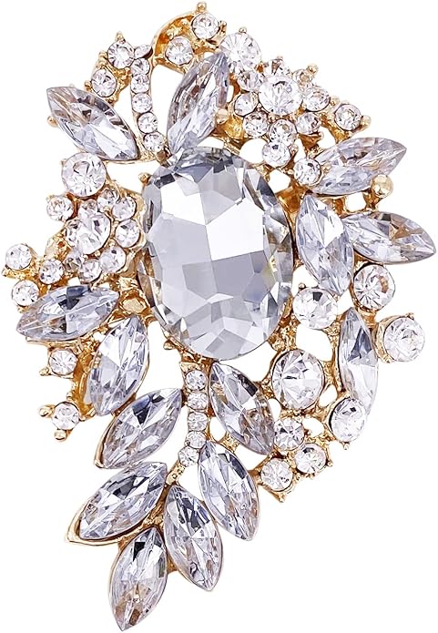 LAXPICOL Vintage Sparkly Austrian Crystal Flower Leaf Bouquet Clusters Big Large Brooch Pin for Women Gold Tone