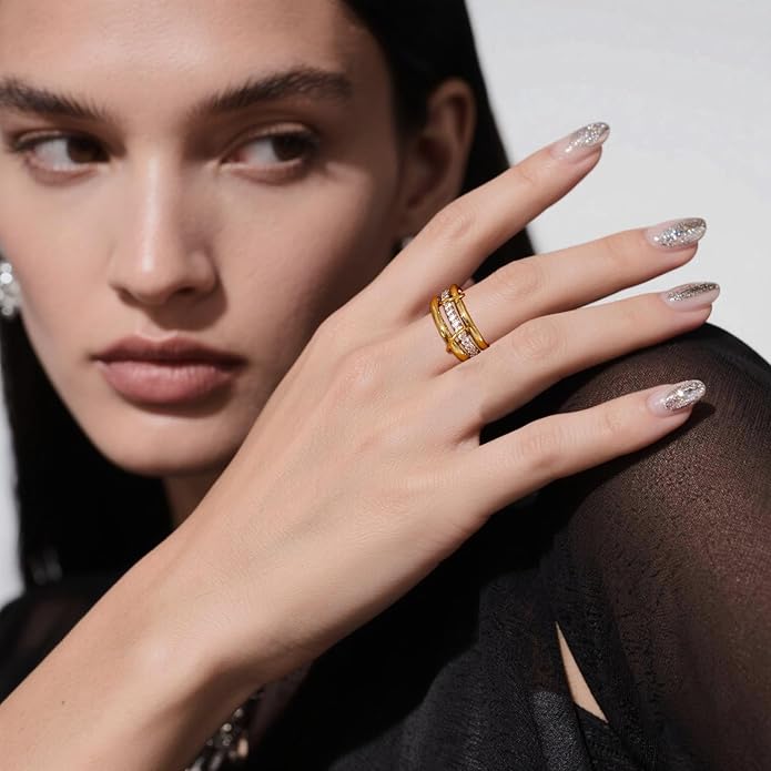 Canboer 14K Gold Plated Interlocked Stackable Rings for Women Non Tarnish,Gold and Silver Cubic Zirconia Statement Rings Set,Mixed Metals Ring Two-Toned Connected Bands Stacking Jewelry