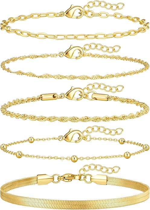 adoyi Gold Bracelets for Women, 14K Gold Plated Stackable Bracelet Stack Set Adjustable Charm Paperclip Chain Cuban Link Layered Waterproof Jewelry Sets Gifts for Womens 6.0/6.8/7.2"
