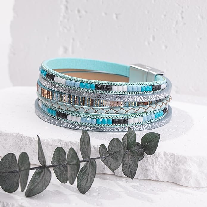 FANCY SHINY Boho Leather Wrap Bracelets Trendy Layered Bracelets with Magnetic Clasp Strackable Bohemian Jewelry Gifts for Women