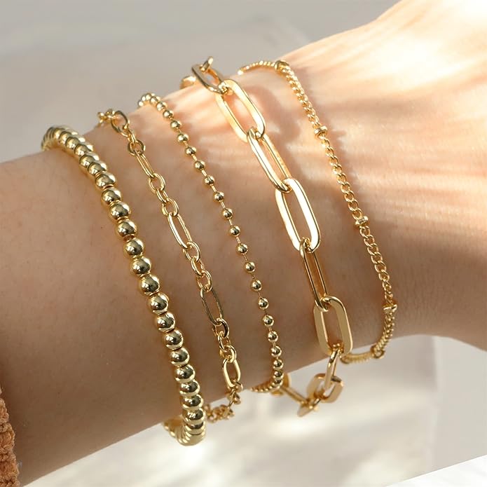 DEARMAY Waterproof Gold Plated Bracelets Set for Women Trendy, Dainty 14K Gold Jewelry Fashion Stackable Tennis Beaded Figaro Herringbone Paperclip Link Bracelet Pack Stack Gifts for Women