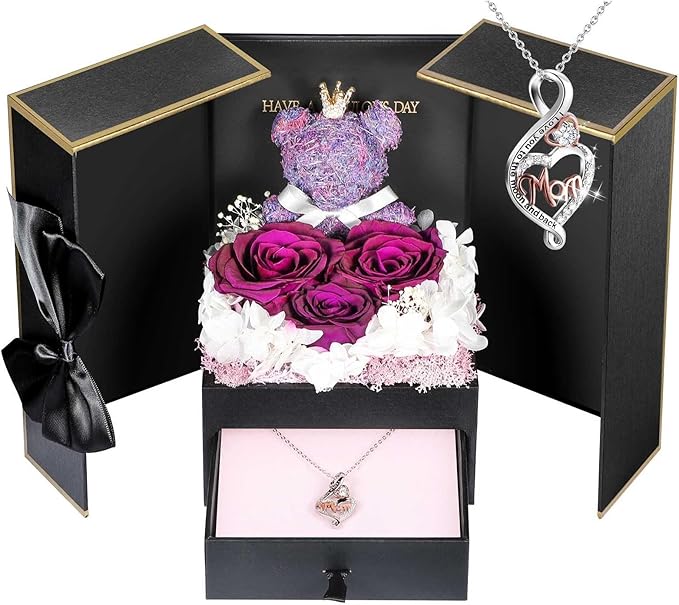 ADDWel Gifts for Mom from Daughter and Son, Unique Mom Birthday Gift Idea, Preserved Real Roses with Sterling Silver Mom Necklace, Cool Present to Mother Mama