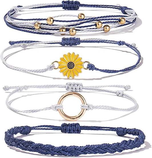 FANCY SHINY Sunflower String Bracelet Boho Braided Rope Wrap Bracelets Cute Summer Beach Surfer Jewelry for Women