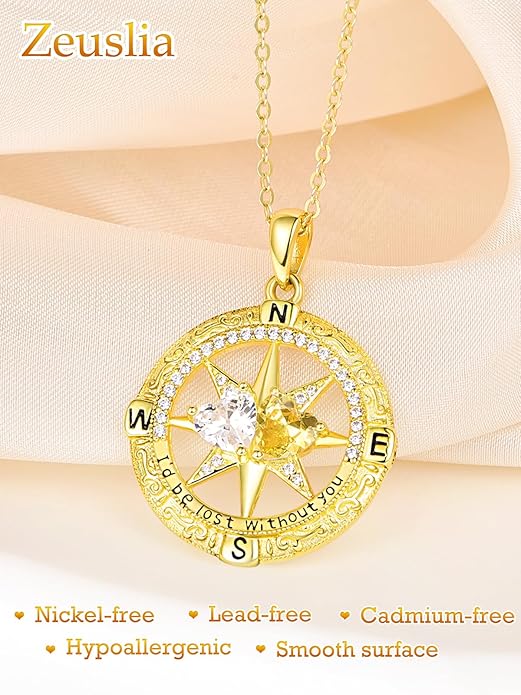 Zeuslia Double Birthstone Necklace Gifts for Wife - 925 Sterling Silver Sunflower/Rose/Crown Cross/Compass/Heart Pendant I Love You Necklace, Anniversary Birthday Gifts for Wife Girlfriend Mom Her