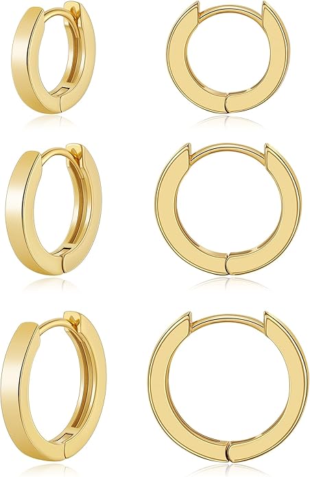 Gacimy 3 Pairs Small Gold Huggie Hoop Earrings Set, 14K Gold Plated Hypoallergenic Huggies for Women, Multiple Piercings