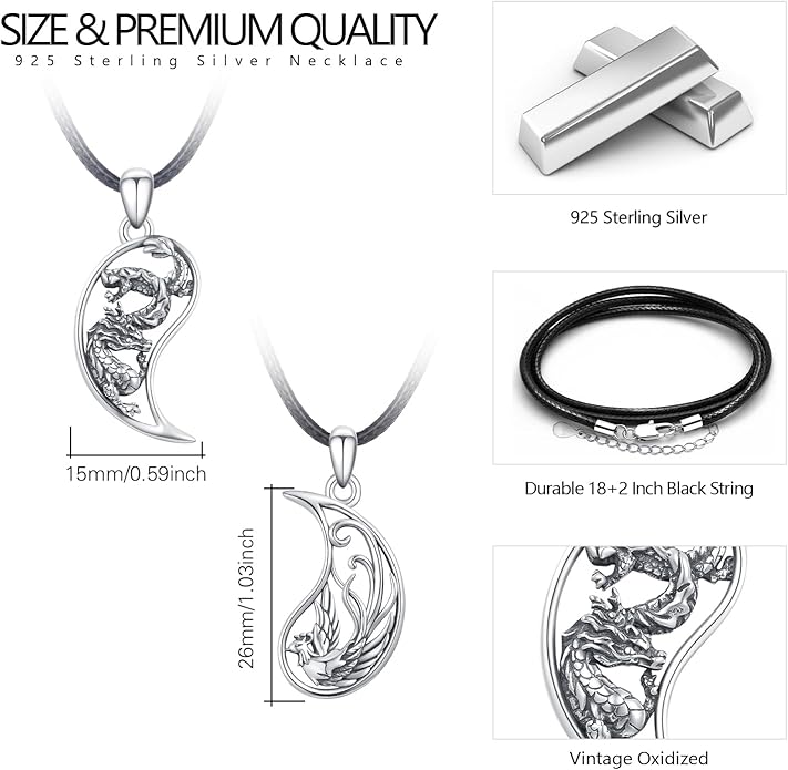 OHAYOO Dragon Phoenix Matching Necklace for Couples 925 Sterling Silver Yin Yang Pendant Necklaces for Couples Jewelry for Him and Her