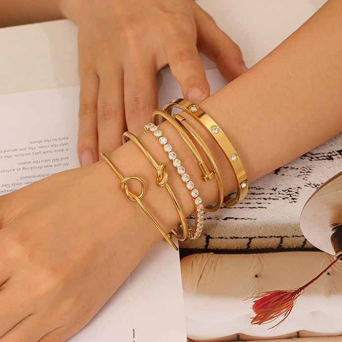 FAFUGA 18 K Gold Plated Love Bangle Bracelet Stack Cuff Jewelry for Women Jewelry Set for Women Gift with Box