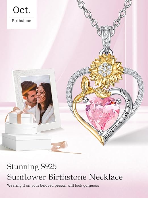 Zeuslia Double Birthstone Necklace Gifts for Wife - 925 Sterling Silver Sunflower/Rose/Crown Cross/Compass/Heart Pendant I Love You Necklace, Anniversary Birthday Gifts for Wife Girlfriend Mom Her