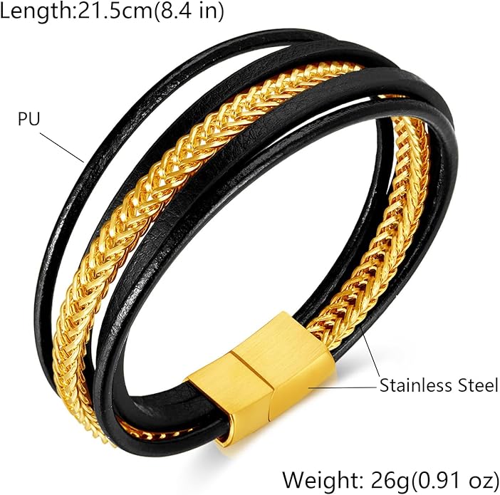 Italian Handmade Genuine Leather Bracelets for Men Stainless Steel Clip, Men's Casual Genuine Multi-layer Cuff Bracelet, Bracelet Gift for Real Men