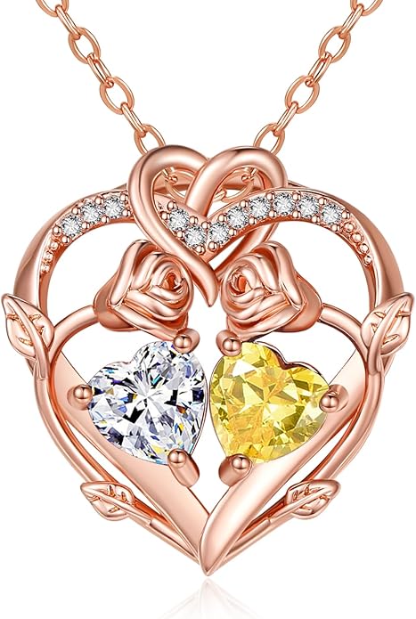 Rose Gold Necklaces for Women Double Birthstone Rose Flower Heart Pendant Necklace Jewelry Anniversary Christmas Valentine's Mother's Day Birthday Gift for Wife Mom Her Girlfriend Sister